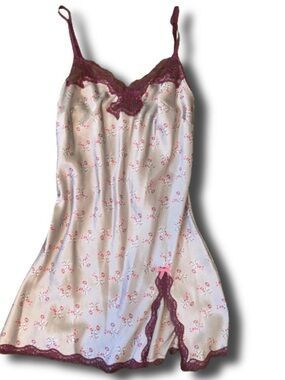 Victoria's Secret Cream Floral Satin Chemise with Burgundy Lace
